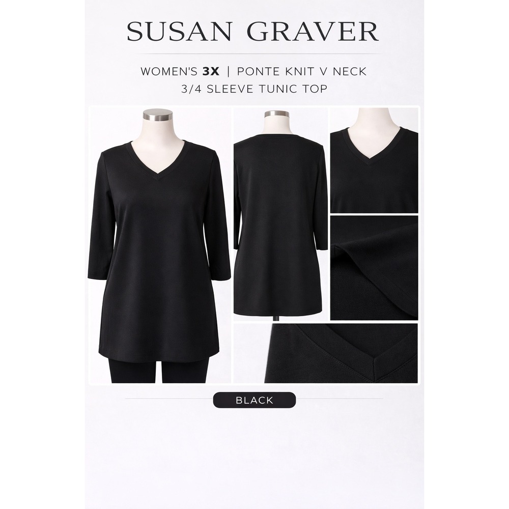Susan Graver Womens 3X Black Ponte Knit V Neck 3/4 Sleeve Tunic Top‎ A225871